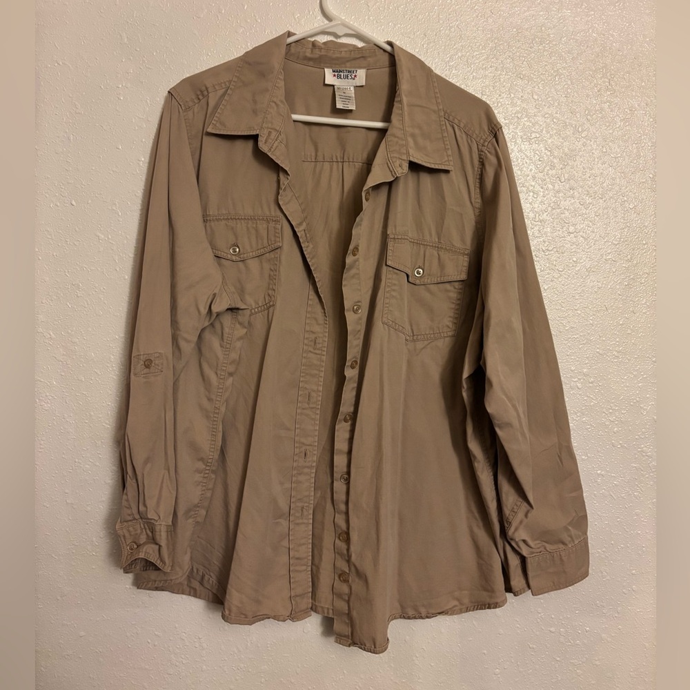 Mainstream Blues khaki button-up long sleeve top (Size 1X)